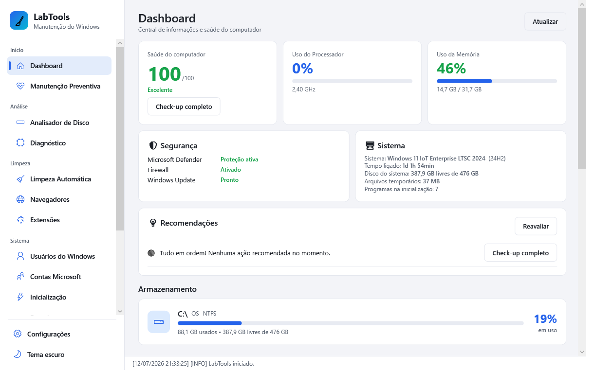 Dashboard do LabTools mostrando a saúde do computador, uso de CPU e memória