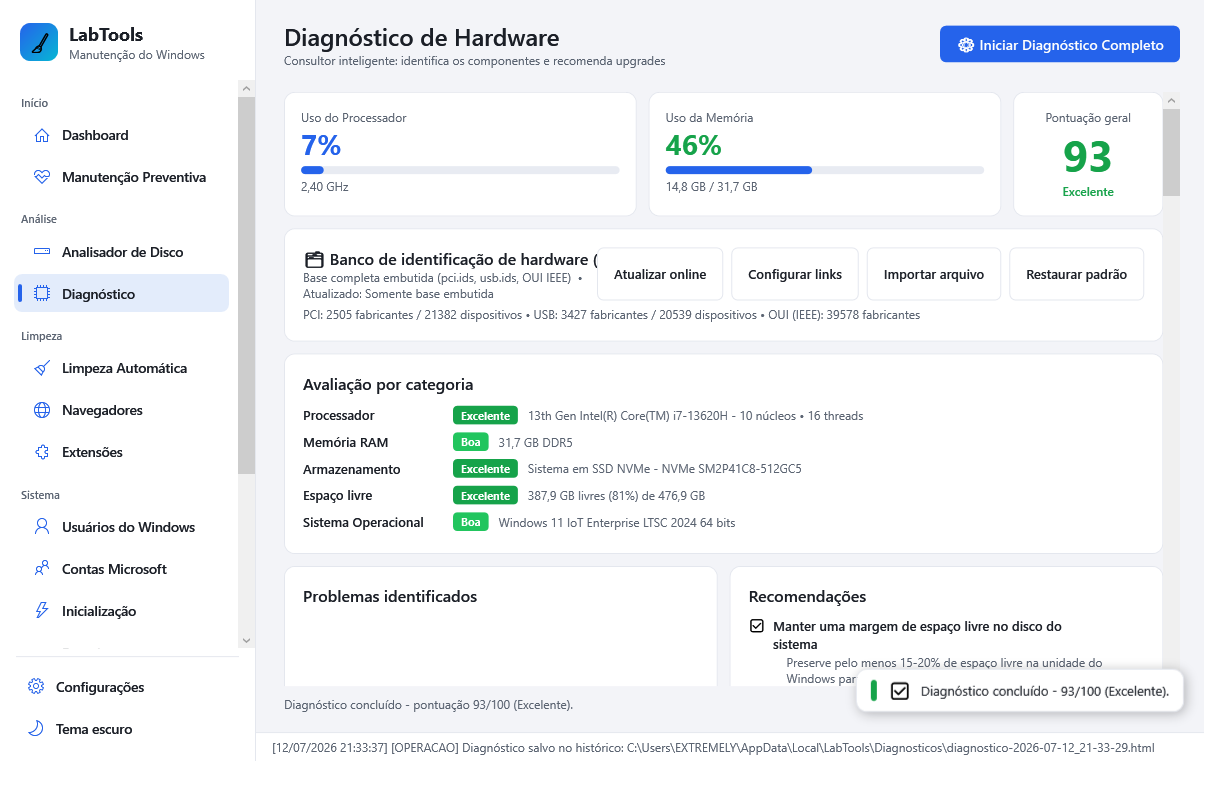 Tela de Diagnóstico de Hardware mostrando pontuação 93/100 e avaliação por categoria