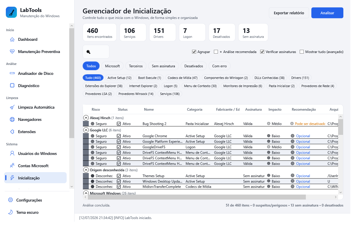 Tela do Gerenciador de Inicialização listando itens que iniciam com o Windows
