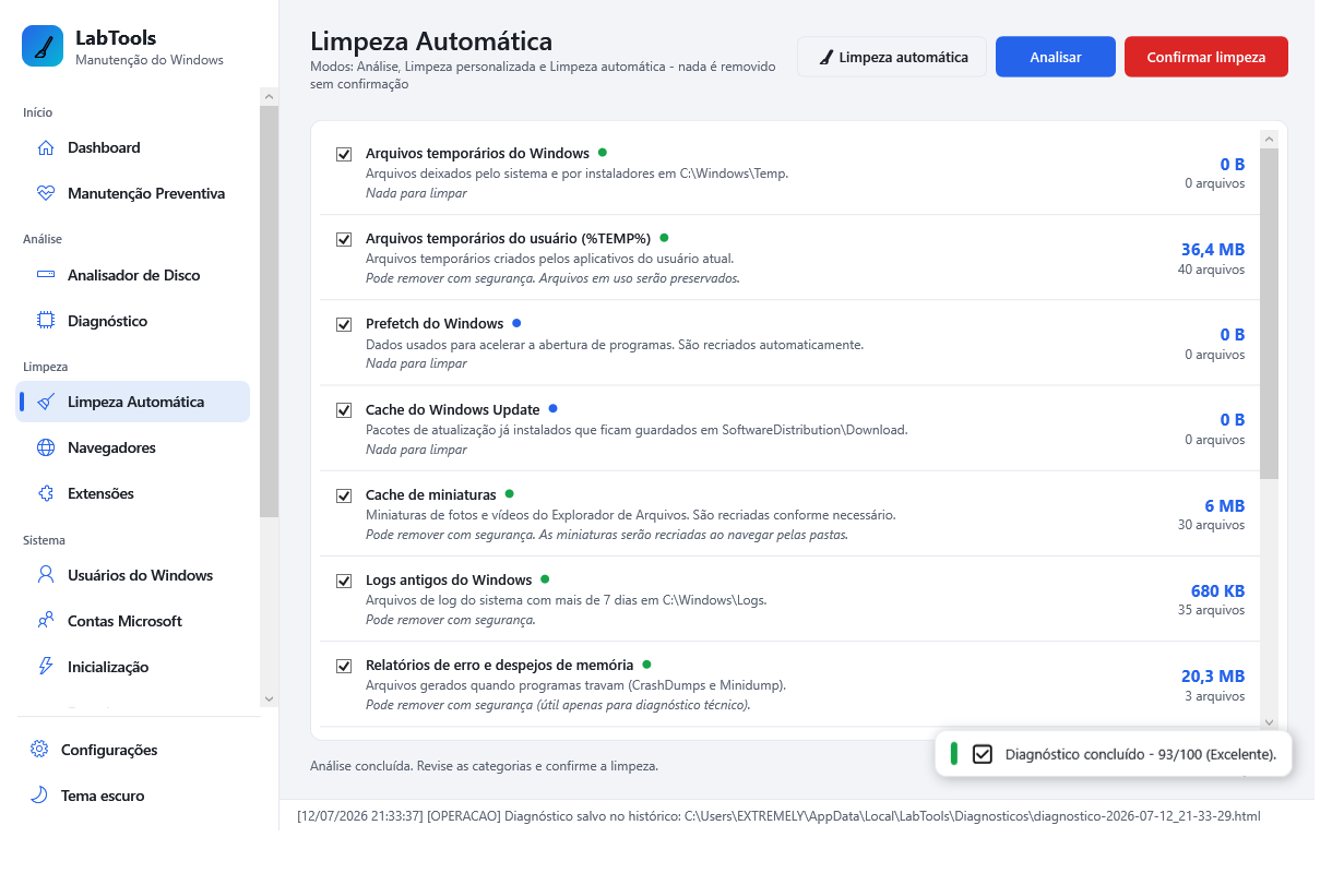 Tela de Limpeza Automática mostrando categorias de arquivos temporários