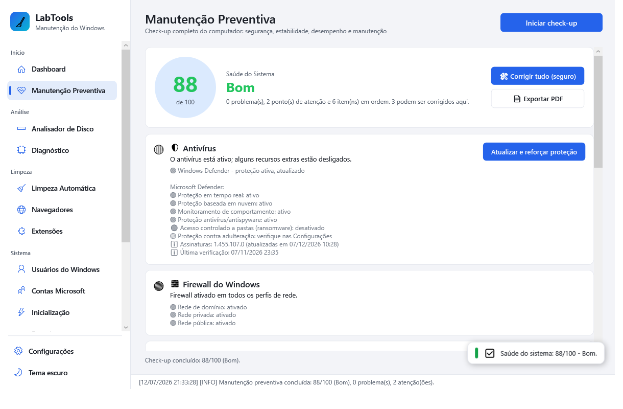 Tela de Manutenção Preventiva mostrando nota de saúde 88/100 e verificações de antivírus e firewall