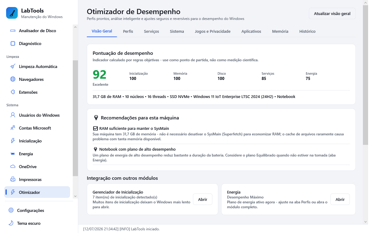 Tela do Otimizador de Desempenho mostrando pontuação de 92 e recomendações